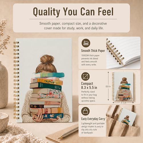 Girl with Pile of Books Spiral Notebook, Reading Journal for Book Lovers, Librarian Gifts for Women, Bookish Bookworm Gifts Hardcover Lined Notebook Journal, 5.5x8.3 Inch - color: pattern-1
