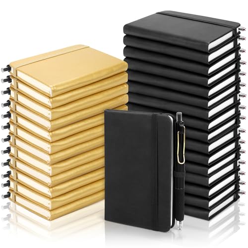 Aodaer 50 Sets Graduation Gifts Pocket Notebook Journal with Pens, 160 Page, 3.5 x 5.5 Inch Mini Lined Journal Notebook A6 Leather Hardcover Notepad with Pen Holder for School Office, Black and Gold - color: Black and Gold