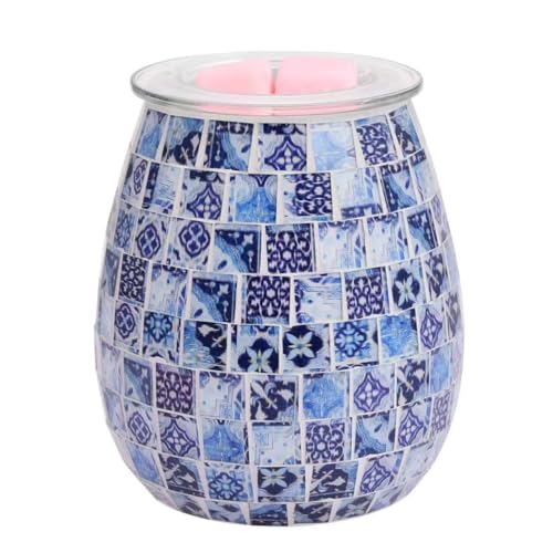 Dicimi Chinese Mosaic Electric Wax Melt Warmer, Handmade Glass Art Candle Warmer Lamp, Plug in Wax Warmer with Night Light 2-in-1, Flameless Wax Melter for Home, Housewarming Birthday Gift - color: Blue Square Pattern