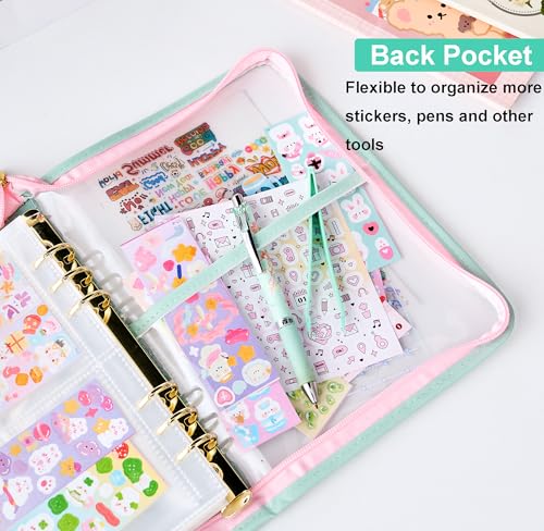 A5 Sticker Collection Organizer Binder kit large capacity (65 sheet), PU leather clear sticker storage book album with zipper closure,double-sided Collecting for journal scrapbook planner (Green)