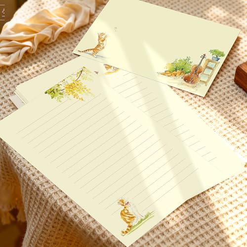 36PCS Cat Theme Stationery Set, Warm Yellow Healing Style Letter Writing Paper with Cute Kitty Illustrations and Envelopes for Letters, Invitations, Holiday Greetings, Party Notes and Gifts