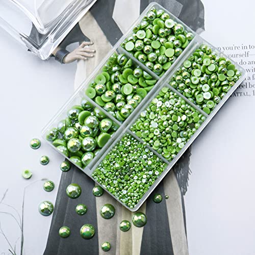 3600PCS Half Pearls for Crafts, Dark Green Flatback Pearls forTumblers Crocs Cups Scrapbooking, 2mm 3mm 4mm 5mm 6mm 8mm Faux Half Pearls, Imitation Loose Pearl Beads - color: Green AB