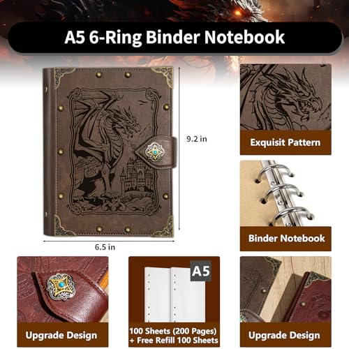 DUROTAN DND Journal Vintage Dragon Notebook,Unique 400 Pages A5 Binder - color: 1-GrayBrown-DragonKing