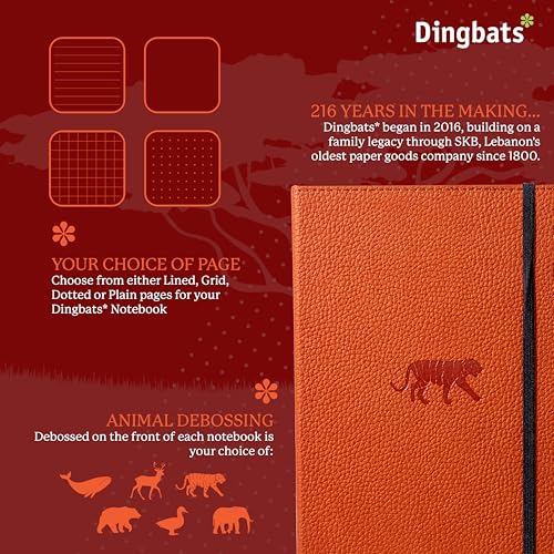 Dingbats* Wildlife Grid Writing Journal Notebook A5 - Vegan Leather Hardcover - Ideal for Work, Travel - Pocket, Elastic Closure, & Bookmark - color: Orange Tiger, style: Squared