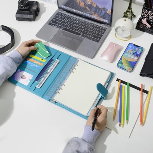 WASON A5 Binder PU Leather Journal Ring Portfolio Lined Notebook Refillable Paper Diary with Removable Clipboard Writing Notepad for Travel Business School Agenda Organizer (Cyan) - color: Cyan