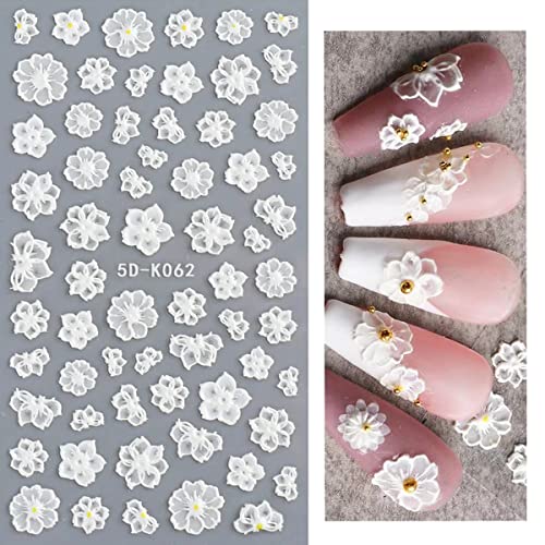 5D Embossed Flower Nail Art Stickers, 6 Sheets Self-Adhesive Nail Sticker Decals,Luxury Hollow Exquisite Pattern Spring Daisy Leaf Butterfly Lace Carving Design for Salon Home Acrylic Nail Decoration - color: 6 Sheets 5d Embossed Flower Nail Stickers