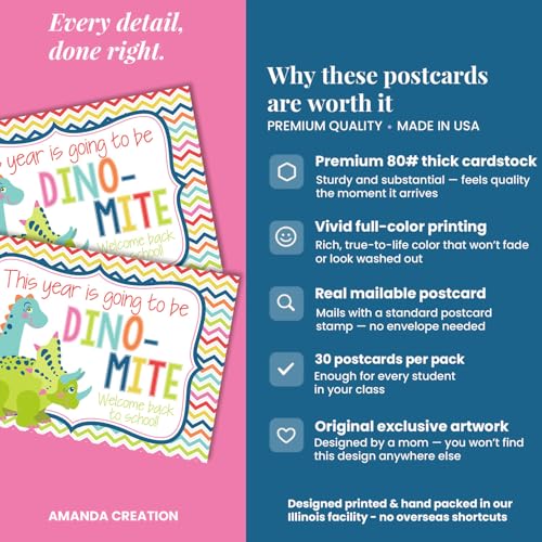 Amanda Creation Dinosaur Postcards, 30 Pack 4x6 Welcome to School Postcards for Students from Teacher, Dino-Mite Design - style: Dinosaur