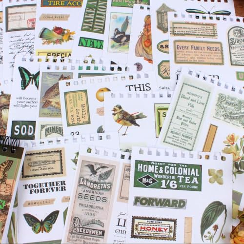 488PCS Vintage Scrapbook Stickers, 50 Sheets Precut Washi Stickers Book for Journaling, Green Ephemera for Junk Journal Supplies, Scrapbooking, Bujo, Collage, Adults Crafts Arts - color: Green Mountains