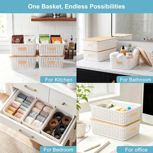 Bagnizer 4 Pack Plastic Storage Bins with Bamboo Lids, 6.2qt Stackable Storage Organizer Box with Lable for Pantry Shelves Drawers Desktop Office, 12"L x 8.3"W x 3.5"H, Cream White - color: Cream White, size: Shallow- 4 Pack