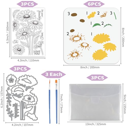 3 Sets Flower Clear Stamps and Cut Dies Set Peony Daisy Tulip - style: Flower