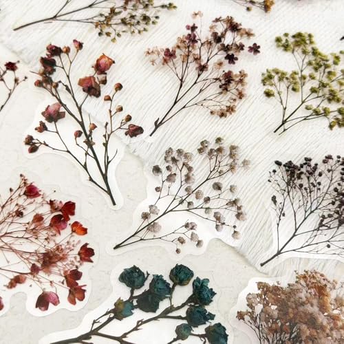 50PCS Vintage Dried Flower Stickers, Clear Botanical Pressed Floral Stickers Pack, Aesthetic Plant Decals for Scrapbooking Journaling Laptop Water Bottle Decor - color: Dried Flower