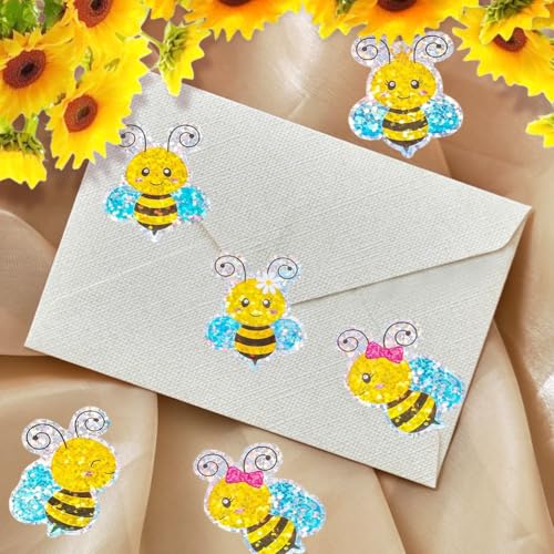 500Pcs Bee Stickers Roll 1.2in Large Glitter Bumble Bee Seal Stickers 5 Designs Cartoon Animal Waterproof Classroom Reward Decals for Spring Scrapbook Journal Envelopes Decorations - color: Bee