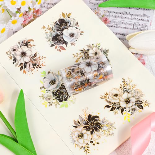 Sitsink PET Tape for Journal Scrapbooking - Black White Rose Floral PET Tape Stickers for Crafts Junk Journal Supplies Notebook Scrapbook DIY Decor - style: Black Rose