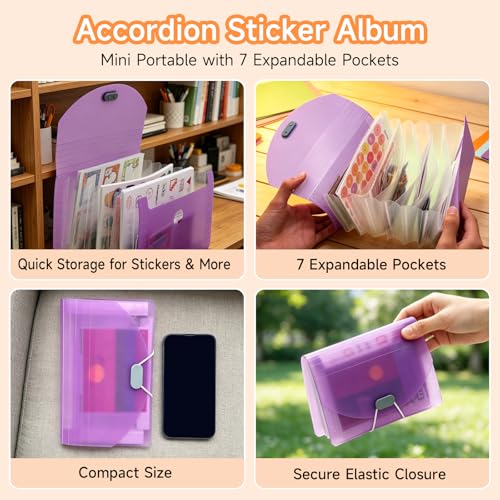 8-in-1 Sticker Organizer Binder, High‑Capacity A5 Reusable Sticker Book Collecting Binder with Storage Pages, Release Paper, Zipper Pouch, Mini Accordion Sticker Storage Album, Tweezers and Squeegee - color: Purple