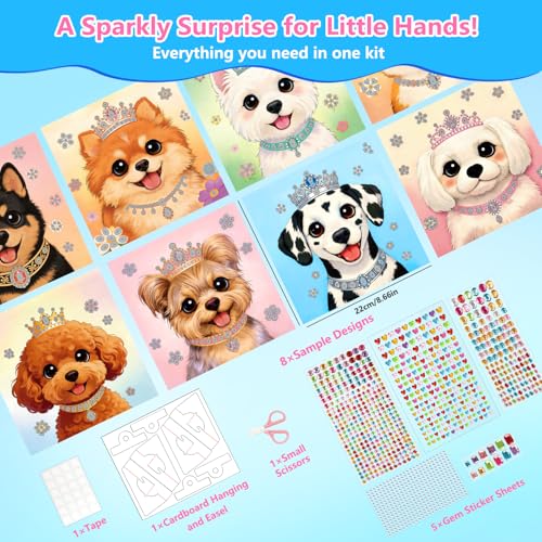 Dog Gem Sticker Art Kit for Girls Ages 3-8, Diamond Art Kit for Kids | 8 Pack DIY Puppy Sticker Art Kit, 1000+ Gems, Easy Peel-and-Stick Craft Activity with Display Stand, Birthday Gift for Girls - color: Blue-Dog