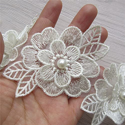 2 Yards 3D Flower Lace Trim Pearl Embroidered Polyester Lace Ribbon Fabric Applique Patchwork for Wedding Dress Handmade DIY Sewing Craft Supplies Decoration (Beige) - color: Beige