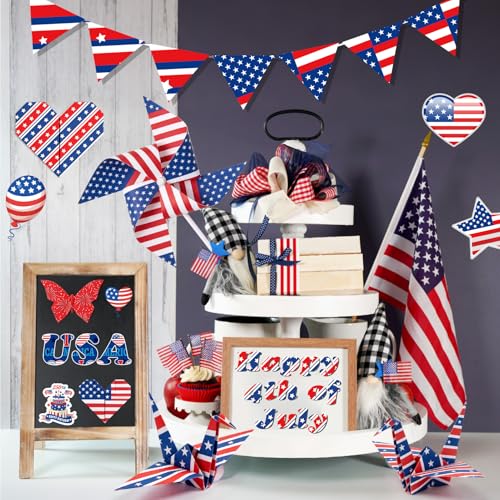 Konsait 24 Sheets Patriotic Double Sided Scrapbook Paper 12x12 Red White Blue 4th of July Pattern Paper with Stars & Stripes for Card Making, Junk Journaling, DIY Crafts and Holiday Decor