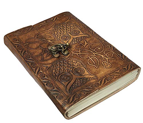 CREATIVE LEATHER ART Vintage Owl Leather Journal 8x6 Lock Notebook - color: Vintage Brown, size: 8 x 6 Inch
