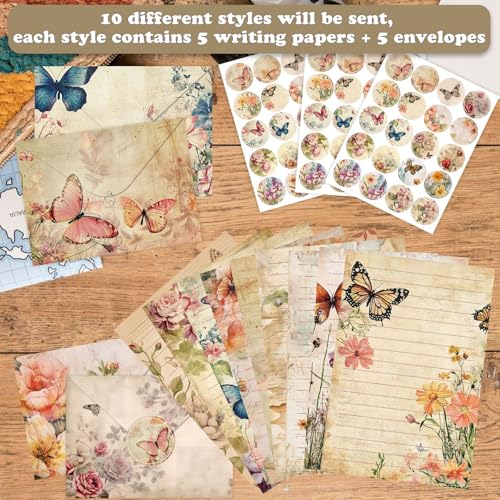 160 Pcs Stationery Paper Envelopes Set | Includes 50 Writing Paper & 50 Envelopes & 60 Stickers, Floral Letter Writing and Stationery Paper Envelopes(10Style) - color: Nature Vintage