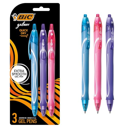 BIC Gelocity Quick Dry Gel Pens, 3-Count Pack, Medium Point 0.7mm