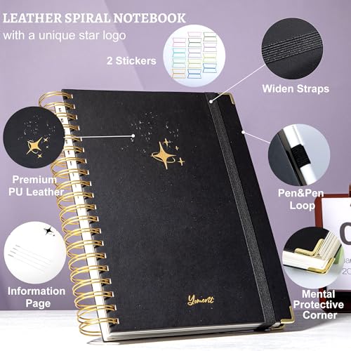 Yoment Leather Spiral Notebook 360 Pages 5 Subject Notebook College Ruled - color: H-Leather Black, size: 8"×10"(B5)
