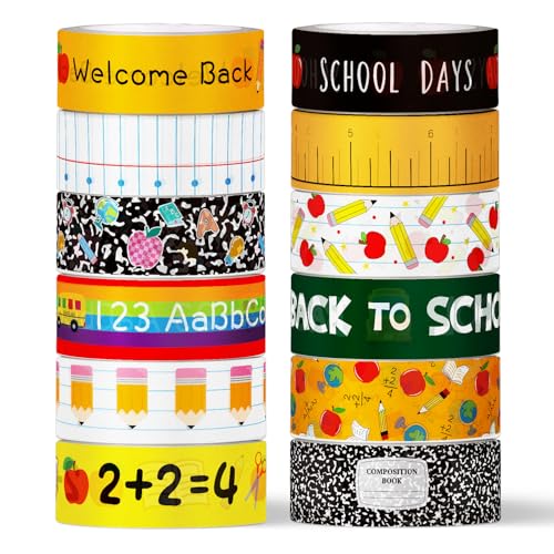 Whaline 12 Rolls Back to School Washi Tape Masking Tape Set Composition Notebook Speckled Pencil Apples Classroom Wrapping Paper Tapes for First Day of School Scrapbook Journal DIY Crafts - style: Back to School