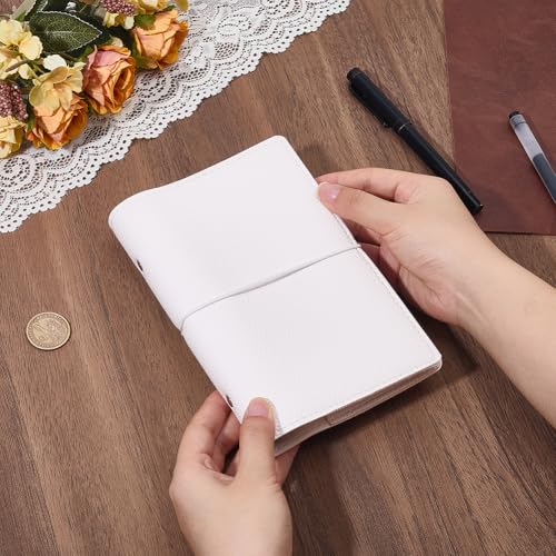 A6 120 Pages Refillable PU Leather Travel Journal Notebook 6 Ring Writing Binder Loose Leaf Notepad Folder Soft Cover Diary Planner Cover Binder with Divider for Meeting Fill Paper(White) - color: White