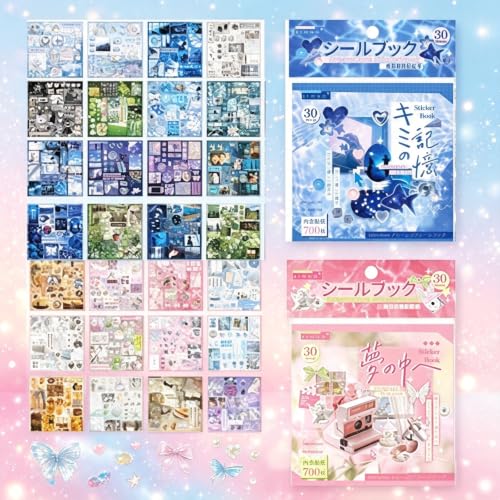 Kawaii Japanese Sticker Book, Dreamcore 2-Pack Set, 1400+ Blue & Pink Coquette Stickers for Scrapbooking, Journaling, Planner & DIY Handcraft Projects - color: Blue-pink