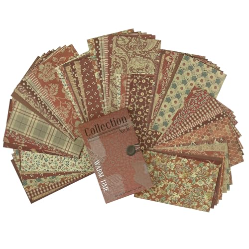 Vintage Scrapbook Paper Pack 60 Sheets Rustic Red Brown Neutral Floral Textured Wallpaper Design 5.0×3.1 Inch Cottage Core Aesthetic Junk Journaling Supplies for Card Making Small Craft Projects - color: Red
