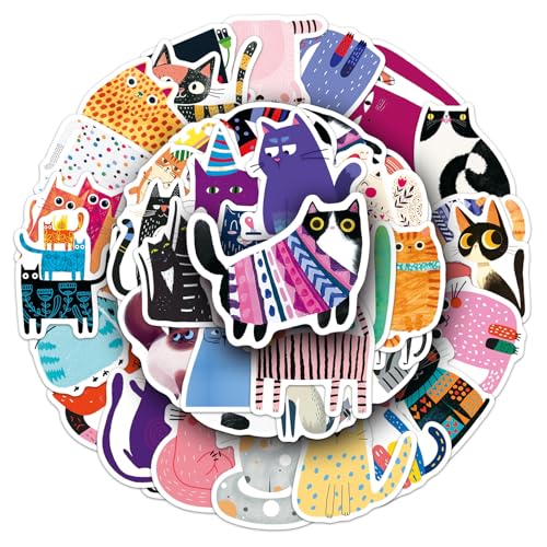 50 PCS Illustrated Cat Stickers, Waterproof Vinyl Cartoon Illustration Cat Decals for Laptop, Luggage, Skateboard, Phone, Fridge, Trendy Stickers for Teens, Adults, Boys and Girls (cat) - color: Cat