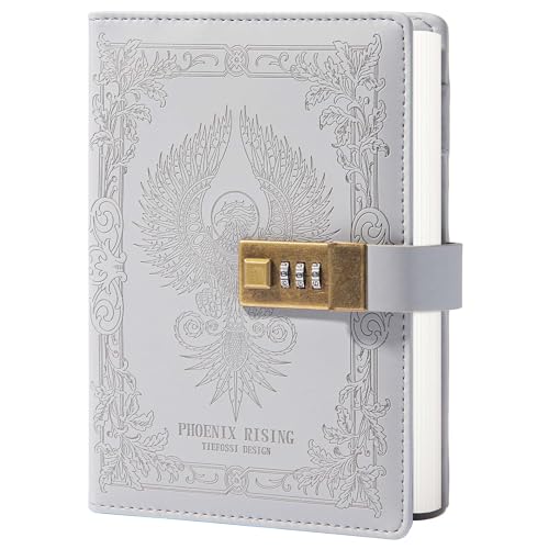 TIEFOSSI Phoenix Journal Notebook with Lock, Vintage Leather Locked Diary - color: Grey