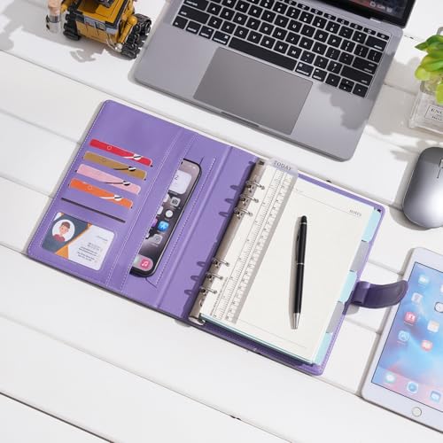 WASON A5 Binder PU Leather Journal Ring Portfolio Lined Notebook Refillable Paper Diary with Removable Clipboard Writing Notepad for Travel Business School Agenda Organizer (Purple) - color: Purple