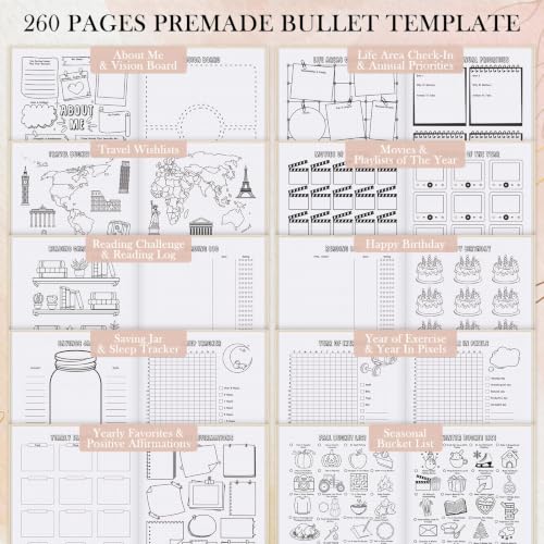 Everloria Premade Dotted Journal Notebook, 12 Months Pre-made Bullet Templates, 260 Hand-Drawn Coloring Pages, Undated Weekly & Monthly Planner, 7.8"x9.3" Linen Dot Grid Habit Mood Tracker, Beige - color: Beige