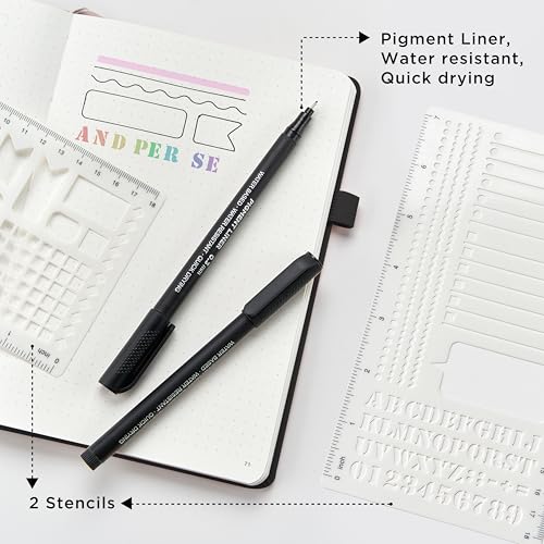 &And Per Se Dotted Notebook with Pen, 176 Numbered Dotted Pages, A5 Hardcover, Journal Stencils & Fineliner Pen for Beginners Women Men (Black) - color: Black, size: 176-Dotted