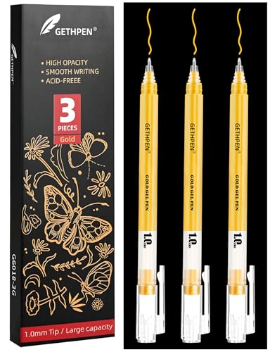 GETHPEN Gold Gel Pen Set, Opaque Archival Ink 1mm for Black Paper Drawing | Archival Opaque Gold Gel Ink Pens, Fine Point, for Artists, Black Paper Drawing, Sketching, Illustration, Card Making, 3 Pack - size: 1 Count (Pack of 3), style: 3 Pack Gold