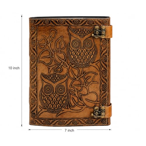 CREATIVE LEATHER ART Vintage Owl Leather Journal 10x7 Lock Notebook - color: Vintage Brown, size: 10 x 7 Inch