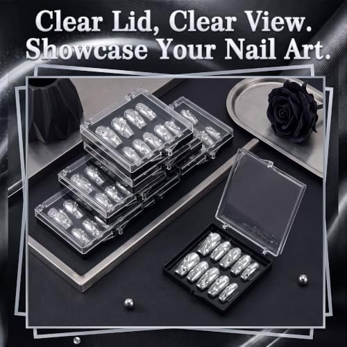 AceOrbit 48 Pcs Press on Nail Boxes with 180 Pcs Adhesive Double Sided Tape Acrylic Press on Nail Packaging Cases Black Square Transparent Storage Case Organizer for Display Art Salon Supplies - color: Black