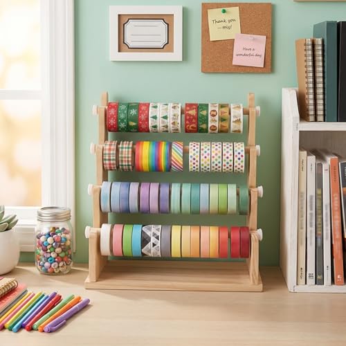 Washi Tape Organizer, 4-Tier Wooden Ribbon Holder Storage for Art Supplies
