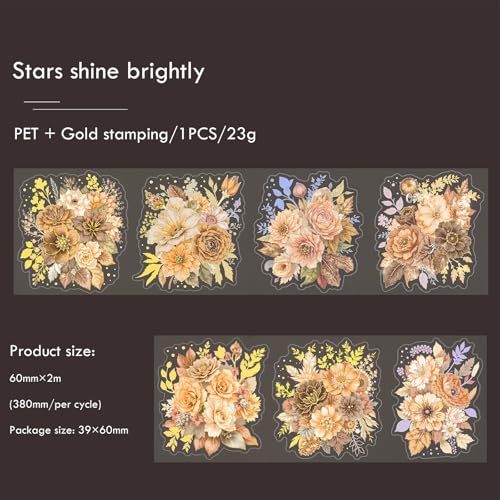 Sitsink PET Tape for Journal Scrapbooking -Yellow Flower Bloom Warm Tone Floral PET Tape Stickers for Crafts Junk Journal Supplies Notebook Scrapbook DIY Decor - style: Star Bloom