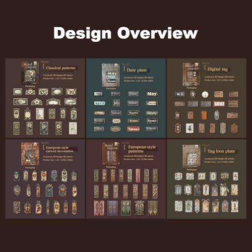 120 Pcs Vintage Label Stickers for Scrapbooking and Journaling | Numbers, months, weekdays and ornate floral tags with metal-look designs for collages, junk journals and mixed media - color: Metal Impressions