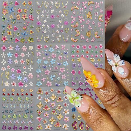 5D Floral Raised Resin 9 Sheets Self-Adhesive Nail Art Stickers,Nail Decals for Women Girls - color: 9 Sheets 5d Resin Nail Stickers