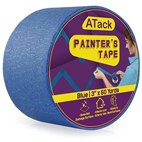 ATack Blue Painters Tape 3 Inch Wide x 180 Feet Residue-Free UV-Resistant Blue Wide Masking Tape 3 Inch for Walls, Woodworking, Indoor and Outdoor Home Painting Supplies - size: 3 Inches x 60 Yards, Single Roll