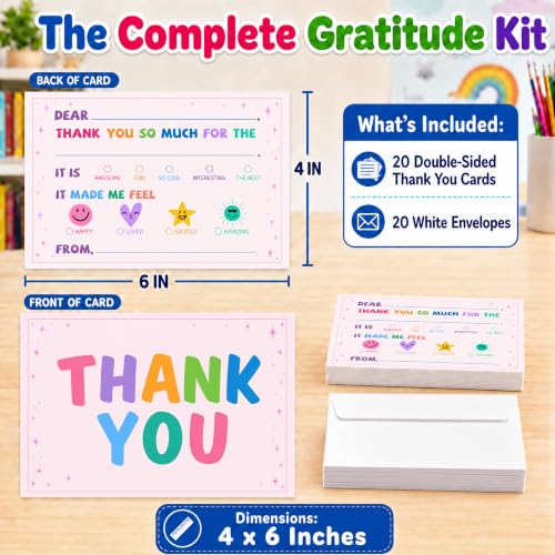 Pink Thank You Card For Kids, 20 Pack Thank You Notes Cards With Envelopes, Fill In The Blank Colorful Birthday Party Greeting Cards, Baby Shower Party Decor Decoration, 05 - color: Pink