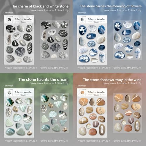 60 Pcs Aesthetic 3D Epoxy Pebble Stickers for Scrapbooking | Stone Ephemera with Glossy Crystal Finish, Nature-Inspired Decorative Resin Decals for Junk Journaling and DIY Art Crafts - color: Stone World