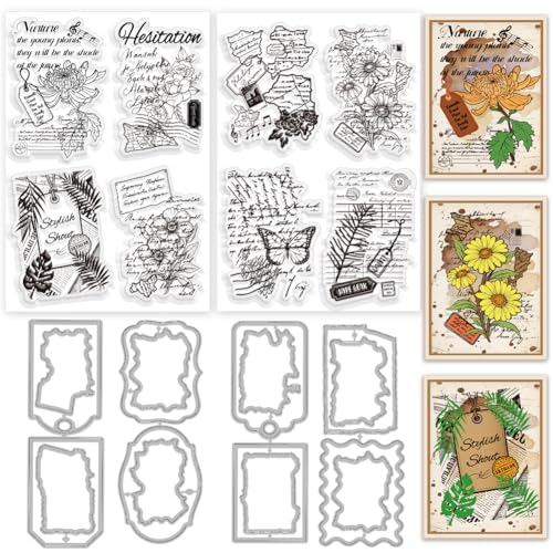 INFUNLY 2 Set Vintage Plant Word Clear Stamps and Dies for Card Making Chrysanthemum Stamps and Die Cuts Flower Leaf Silicone Stamp Retro Background Embossing Template for DIY Scrapbooking Album Decor - style: Animal&Plants