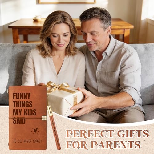 New Mom Gifts - Brown “Funny Things My Kids Said” Leather Journal with Pen - color: Brown