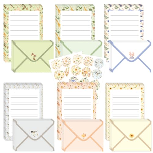 50 Pcs Stationery Paper Envelopes Set,No-Bleed Lined (6Style) | Includes 24 Writing Paper & 24 Envelopes with 24 Round Stickers, Cute Animal Letter Writing and Stationery Paper Envelopes - color: Cute Forest
