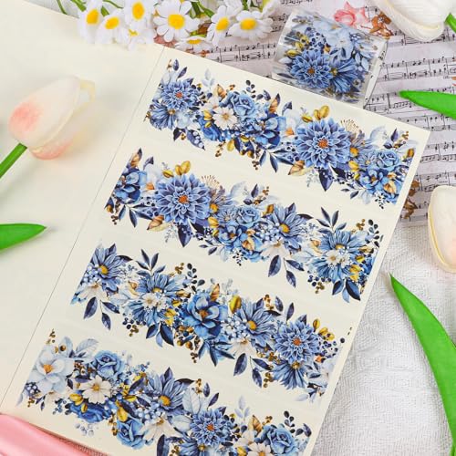 Sitsink PET Tape for Journal Scrapbooking - Blue Gold Floral PET Tape Stickers for Crafts Junk Journal Supplies Notebook Scrapbook DIY Decor - style: Silent Manor