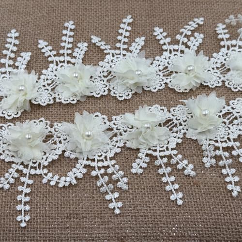 1 Yard Vintage Flower Pearl Beads Lace Edge Trim Ribbon Floral Fabric Embroidered Appliques Sewing Lace for Wedding Bridal Dress Clothes Costume Hat Home Party Decoration (Milky White, 1 Yard) - color: Milky White, size: 1 Yard