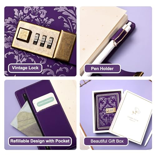 Yoment Lock Diary Vintage Journal with Lock for Women Leather Diary,Purple | Refillable Personal Locking Journal for Writing,Gifts Box,Grils Kids Secret Password Notebook Journal with Pockets 5.5x7.8 - color: Purple